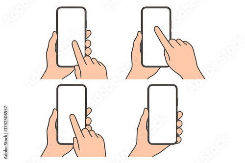 Vector illustration of hands holding smartphone with finger touching screen, mobile phone gesture icons set, touchscreen finger tap, digital device interaction concept