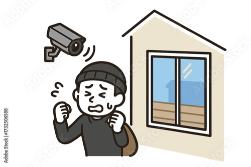 Worried thief caught on surveillance camera outside house, home security concept, burglar with sack, CCTV monitoring, crime prevention illustration, residential safety