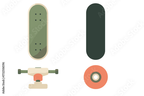 Disassembled skateboard components including two decks, a truck, and a wheel on a clean white background
