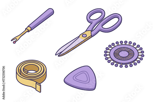 Collection of essential sewing and tailoring tools including scissors, measuring tape, seam ripper, pins, and chalk