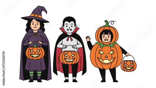 Halloween Characters Trio: Embrace the spirit of Halloween with a delightful illustration showcasing a witch, a vampire, and a pumpkin, each adorned with their own carved pumpkin treat bags. 