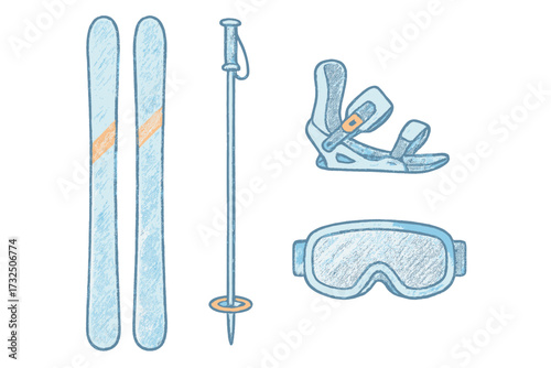 Winter sports equipment set featuring skis, ski pole, snowboard binding, and protective goggles for snow activities