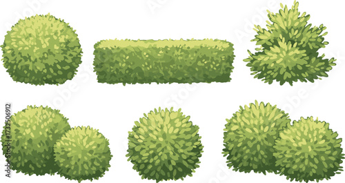 Bush and hedge illustration set, cartoon garden elements, green foliage shapes, landscaping clipart, outdoor plant icons, vector shrub pack, editable graphics