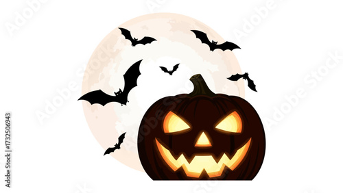 Halloween Night: A jack-o'-lantern glows with an eerie light, under a full moon with flying bats creating a spooky atmosphere.