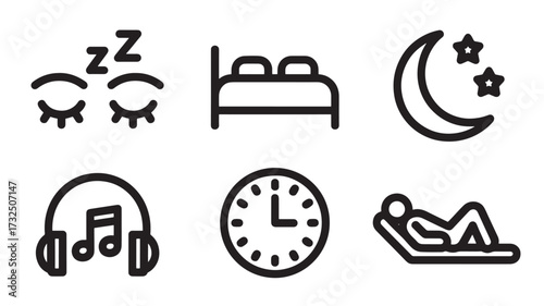 Vector art of group of six icons related to sleep, rest, and relaxation