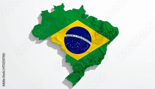 The flag of Brazil overlaying the detailed map of Brazil realistic bright colors white background clean design
