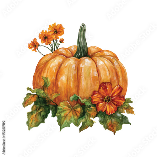 Autumn's Watercolor Embrace A Pumpkin Adorned with Vibrant Orange Flowers and Lush Green Leaves Capturing the Essence of Fall's Beauty and Harvest Season Splendor