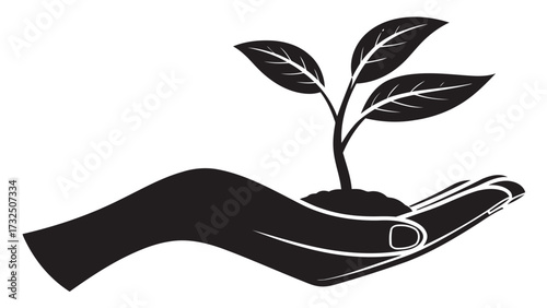 Black and White Vector Icon of Hand Holding Plant – Symbol of Growth, Nature Care, Sustainability, and Eco-Friendly Concepts

