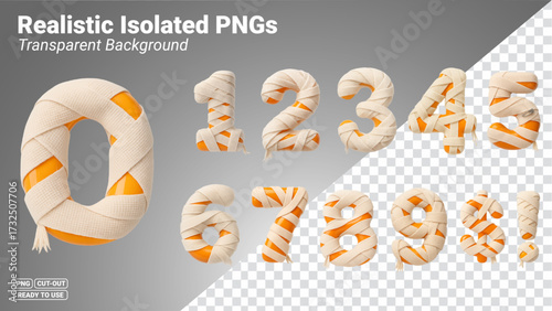 Halloween mummy wrapped numbers zero to nine with dollar and exclamation symbols Transparent PNG file ready to be used.