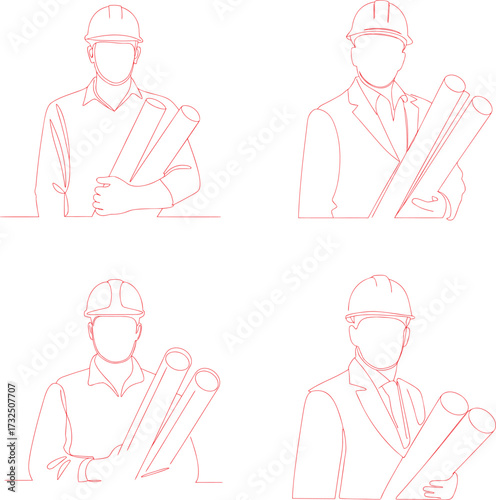 Architect or engineer holding blueprint plans wearing hard hat and safety vest and creativity continuous line drawing