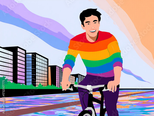 Man in rainbow sweater rides bicycle through city
