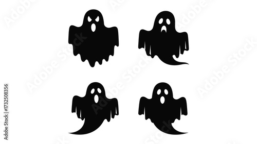 Ghostly Apparitions: A quartet of spectral figures hover, casting eerie silhouettes, evoking the mystery and fun of a spooky Halloween.