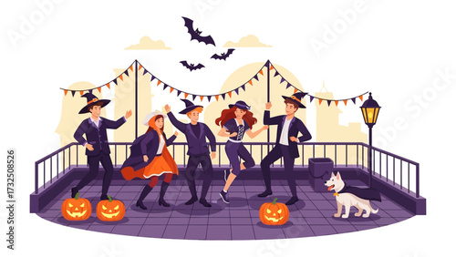 Halloween Celebration: A lively Halloween gathering on a rooftop, complete with cheerful participants in costumes, decorative pumpkins, and festive pennants. Capture the spooky-fun atmosphere.
