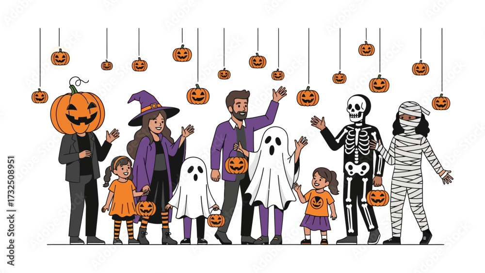 Obraz premium Halloween Festive Gathering: A lively and vibrant illustration captures a diverse family dressed in classic Halloween costumes, creating a joyful, festive atmosphere.