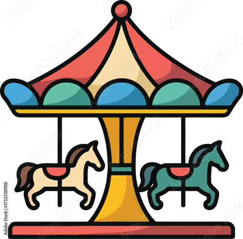 Amusement Park Carousel with Horses Vector Illustration
