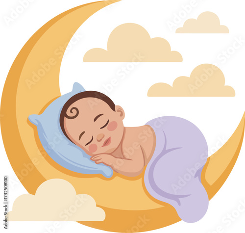 Cute Cartoon Baby Sleeping on Crescent Moon Nursery Illustration