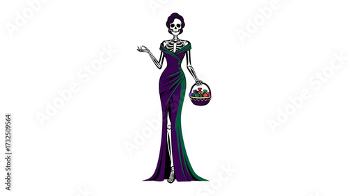 Elegant Skeleton in a Dress: An elegant skeletal figure gracefully posed in a stunning dress, embodies an artistic fusion of life and mortality. Holding a decorative basket.