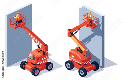 isometric construction vehicles isolated on a white background, vector illustration, depicting transportation and machinery equipment