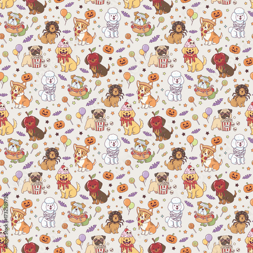 Happy halloween party seamless pattern background with little puppy dog wearing halloween costume, spooky pumpkin and friendly bat. Holidays cartoon character. -Vector