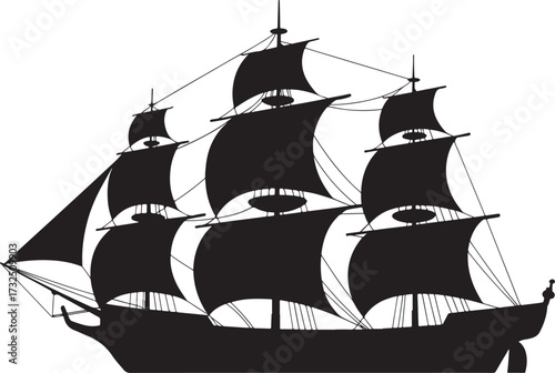 Vintage sailing ship at sea with lighthouse beacon guiding through ocean waves, monochrome woodcut style illustration