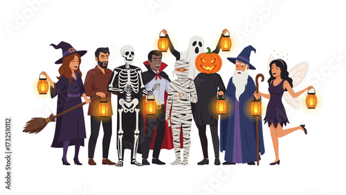 Halloween characters: A vibrant illustration of diverse individuals dressed up as iconic Halloween characters, each holding a glowing lantern, exuding the festive spirit of All Hallows' Eve.