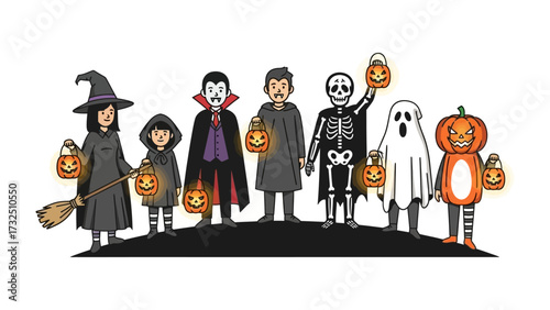 Halloween Characters Gathering: A group of diverse individuals, each embodying a classic Halloween persona, converge in a festive illustration, emanating a playful, cartoonish vibe.
