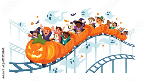 Halloween Rollercoaster Fun: A vibrant illustration captures a cheerful group of children gleefully riding a whimsical roller coaster, with a smiling jack-o'-lantern as its central feature.