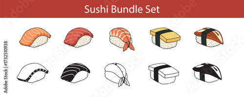 Various types of sushi nigiri with different toppings presented in two styles  bundle design