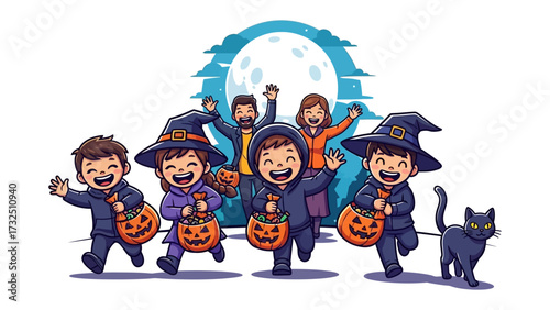 Halloween Fun: A cartoon of family and children dressed in Halloween costumes with a cat, under the full moon. Embrace the whimsical spirit of Halloween with this heartwarming illustration. 