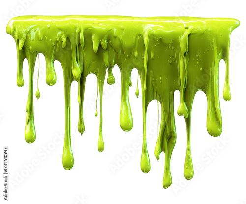 Bright green viscous liquid dripping and oozing from a surface, isolated on transparent background, representing slime or goo with a vibrant, slightly translucent texture