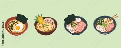 Four bowls of noodle soup with different toppings on a light green background  bundle design