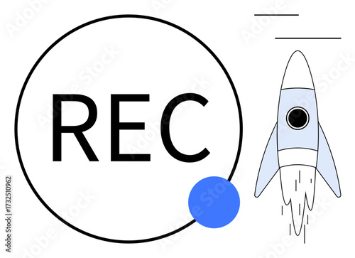 Rocket launching with minimal lines beside large REC text in a circle and a blue dot. Ideal for technology, business growth, startup, progress, creativity, innovation, and productivity concepts