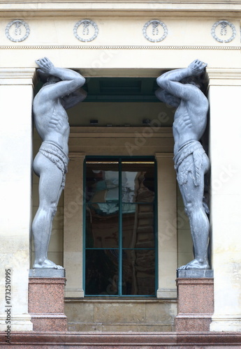 Statues of Atlantes at the entrance to the Hermitage Museum, Millionnaya Street, Saint Petersburg, Russia, September 16, 2025