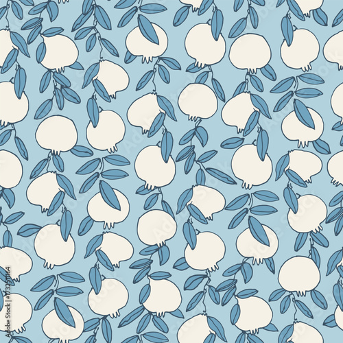 Seamless pattern. Pomegranate tree branches with fruit. Outlined vector illustration on light-colored background for surface design and other design projects Shana Tova