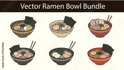 Six bowls of noodle soup with various toppings arranged on a light background  bundle design