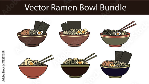 Various bowls of noodle soup with toppings and chopsticks on a white background  bundle design