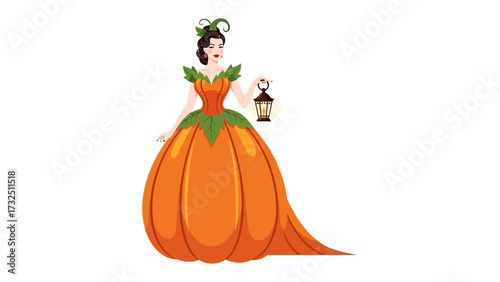 Enchanting Pumpkin Princess: A beautiful pumpkin princess gracefully adorned in a vibrant, pumpkin-themed gown, clutching a lantern to illuminate the enchanting scene. 