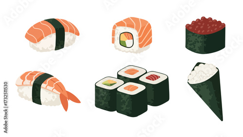 A collection of different types of sushi pieces arranged on a white background  bundle design