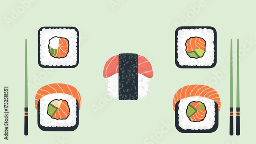 Assorted sushi rolls and nigiri with chopsticks on a light green background  bundle design