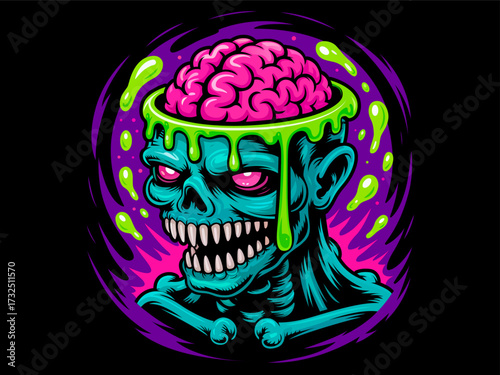 Scary zombie skull with exposed brain dripping slime cartoon vector illustration for Halloween design sticker, t-shirt, poster, banner, greeting card, clipart. Halloween cartoon zombie head character