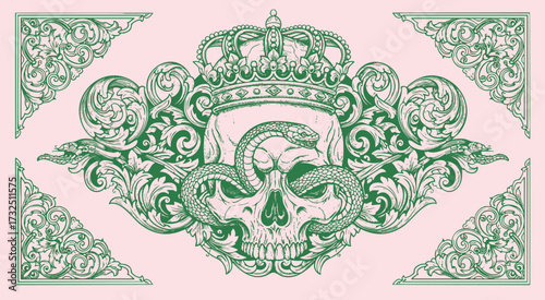 Ornate vintage engraving of skull illustration, surrounded by swirling victorian baroque floral flourishes.tattoo design