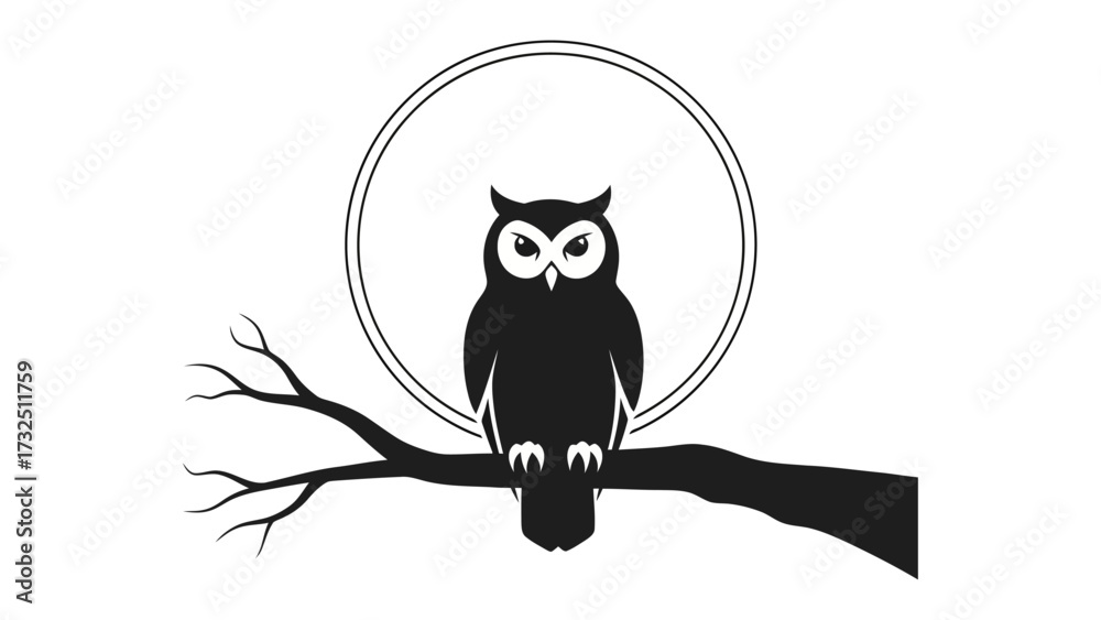 Fototapeta premium Owl Silhouette under Moon: A stylized silhouette of an owl perched on a branch against the backdrop of a full moon, capturing the essence of night and wisdom in minimalist art.
