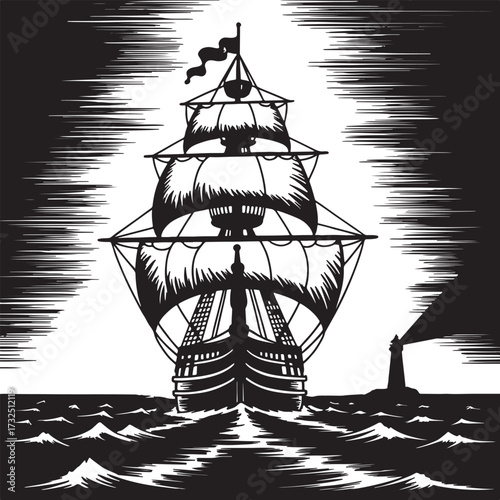 Vintage sailing ship at sea with lighthouse beacon guiding through ocean waves, monochrome woodcut style illustration