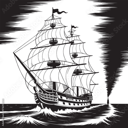 Vintage sailing ship at sea with lighthouse beacon guiding through ocean waves, monochrome woodcut style illustration