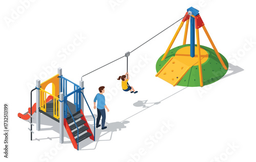 Isometric Illustration of Colorful Playground Equipment for Outdoor Activity Fun Place