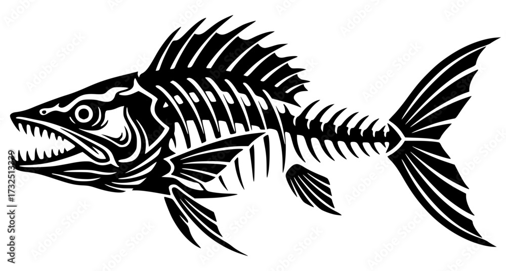 Fototapeta premium Aggressive Fish Skeleton or Fossil Black and White Illustration, fish, skeleton, aggressive, fishing, tattoo