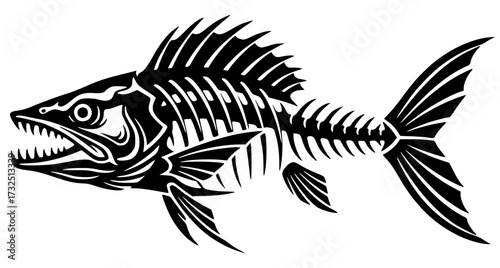 Aggressive Fish Skeleton or Fossil Black and White Illustration, fish, skeleton, aggressive, fishing, tattoo