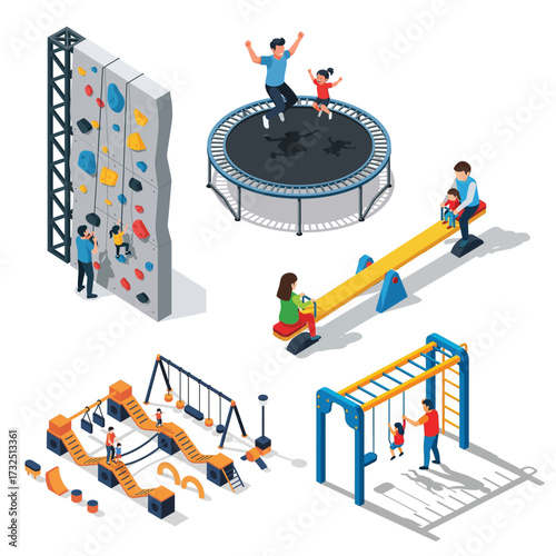 Isometric Illustration of Colorful Playground Equipment for Outdoor Activity Fun Place