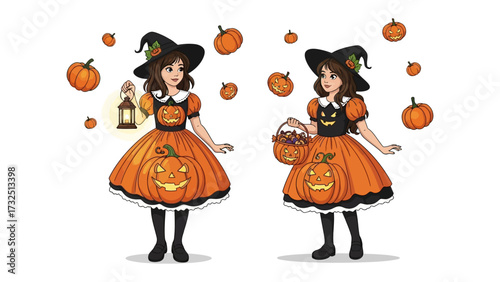Halloween Duo: Delightful cartoon depicting two charming girls dressed in Halloween outfits, surrounded by floating pumpkins, exuding festive joy.
