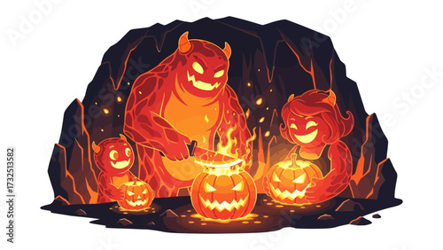 Enchanting Halloween Gathering: A family of charming, fiery creatures carves glowing pumpkins together, embodying the spirit of a joyful, slightly spooky celebration.